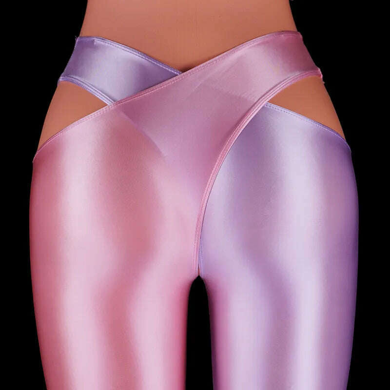 KIMLUD, 2022 Satin Glossy Sexy Leggings Trousers Glitter Stockings Japanese Full-Length Pants High Waist Tights Women Shiny Jeggings, Pink Lavender / M, KIMLUD Womens Clothes