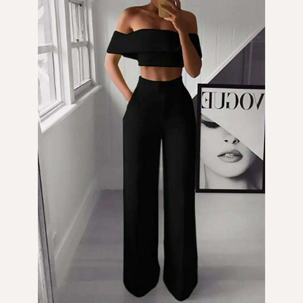 KIMLUD, 2022 Summer Solid Casual Two Piece Set Women Sexy Short Top Wide Leg Pants Outfits Femme Streetwear Slash Neck Shirt Pant Suit, KIMLUD Womens Clothes