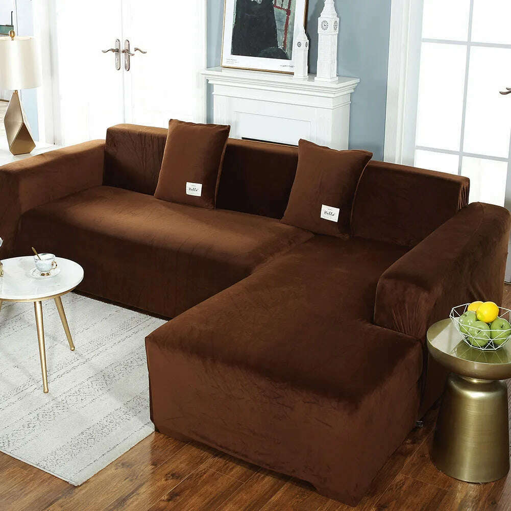 KIMLUD, 2022 Velvet L Shaped Sofa Cover For Living Room Elastic Furniture Couch Slipcover Chaise Longue Corner Sofa Covers Stretchable, KIMLUD Womens ClothesKIMLUD, 2022 Velvet L Shaped Sofa Cover For Living Room Elastic Furniture Couch Slipcover Chaise Longue Corner Sofa Covers Stretchable, Coffee / Two pillowcase, KIMLUD APPAREL - Womens Clothes