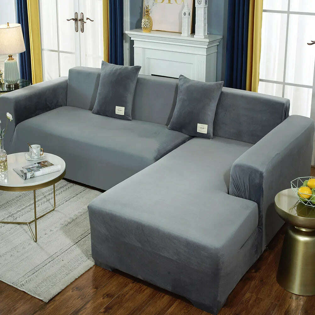 KIMLUD, 2022 Velvet L Shaped Sofa Cover For Living Room Elastic Furniture Couch Slipcover Chaise Longue Corner Sofa Covers Stretchable, KIMLUD Womens ClothesKIMLUD, 2022 Velvet L Shaped Sofa Cover For Living Room Elastic Furniture Couch Slipcover Chaise Longue Corner Sofa Covers Stretchable, Light Grey / Two pillowcase, KIMLUD APPAREL - Womens Clothes