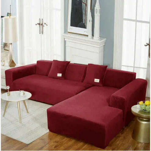 KIMLUD, 2022 Velvet L Shaped Sofa Cover For Living Room Elastic Furniture Couch Slipcover Chaise Longue Corner Sofa Covers Stretchable, KIMLUD Womens ClothesKIMLUD, 2022 Velvet L Shaped Sofa Cover For Living Room Elastic Furniture Couch Slipcover Chaise Longue Corner Sofa Covers Stretchable, Wine Red / Two pillowcase, KIMLUD APPAREL - Womens Clothes
