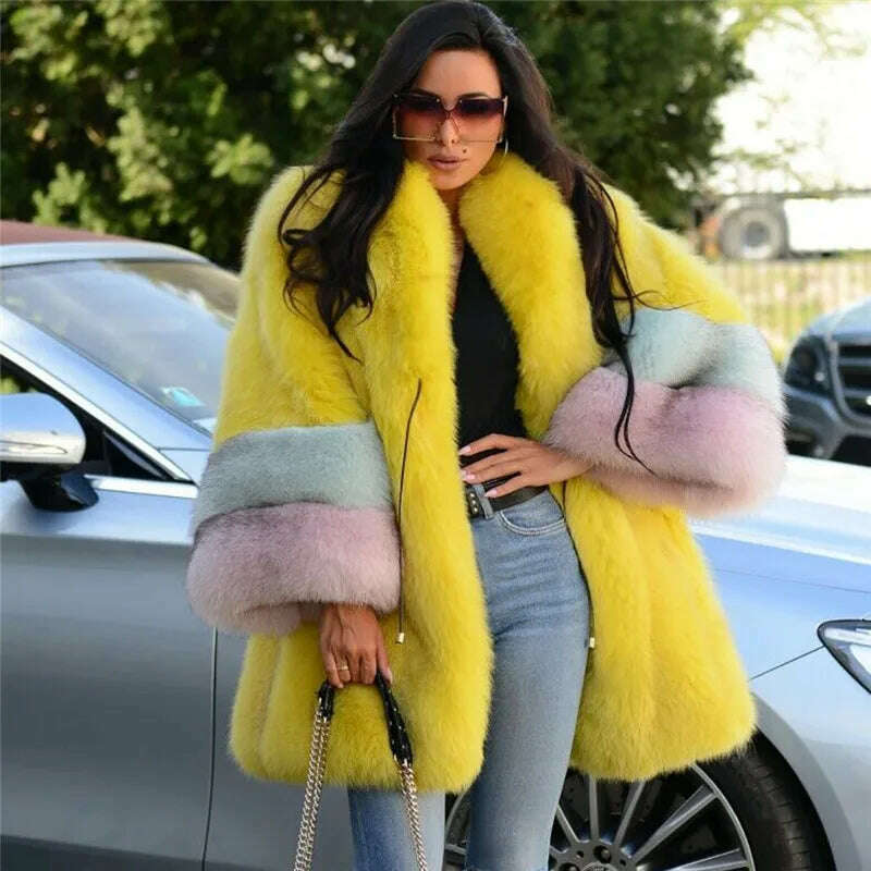 KIMLUD, 2022 Winter Fashion Yellow Fox Fur Coat For Women With Big Collar Full Pelt Genuine Fox Fur Jacket Long Natural Fur Coats Luxury, Yellow / UK4 RUS38 S 88cm, KIMLUD Womens Clothes
