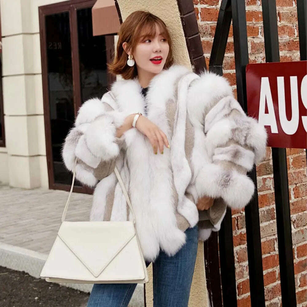 KIMLUD, 2022 Winter Fur Coat Real Natural Fox Mink Fur Plice Striped Jacket Women Thick Warm Outerwear Streetwear Loose Luxury, KIMLUD Womens Clothes