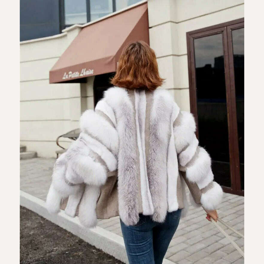 KIMLUD, 2022 Winter Fur Coat Real Natural Fox Mink Fur Plice Striped Jacket Women Thick Warm Outerwear Streetwear Loose Luxury, KIMLUD Womens Clothes