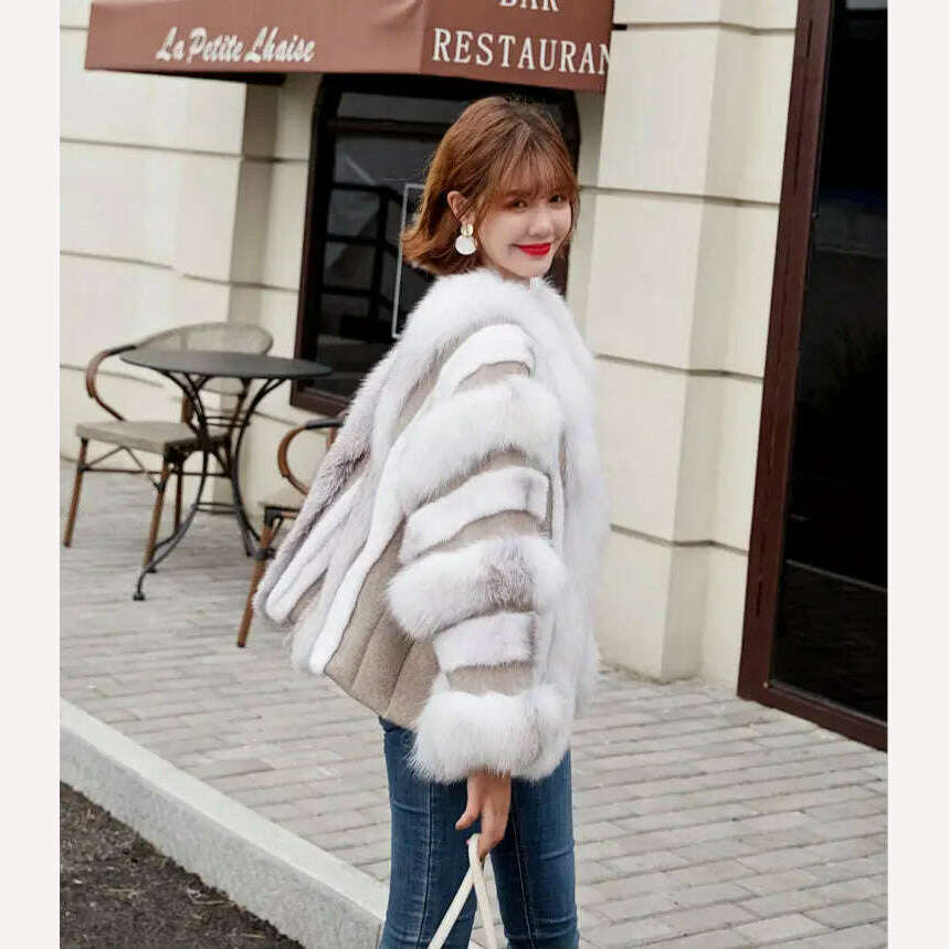 KIMLUD, 2022 Winter Fur Coat Real Natural Fox Mink Fur Plice Striped Jacket Women Thick Warm Outerwear Streetwear Loose Luxury, KIMLUD Womens Clothes