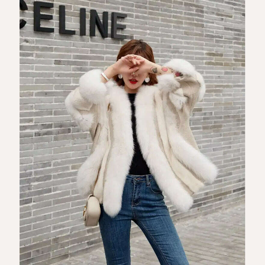 KIMLUD, 2022 Winter Fur Coat Real Natural Fox Mink Fur Plice Striped Jacket Women Thick Warm Outerwear Streetwear Loose Luxury, KIMLUD Womens Clothes