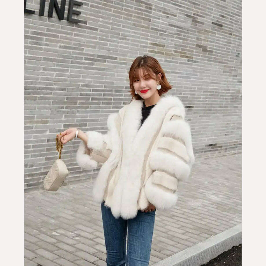 KIMLUD, 2022 Winter Fur Coat Real Natural Fox Mink Fur Plice Striped Jacket Women Thick Warm Outerwear Streetwear Loose Luxury, KIMLUD Womens Clothes