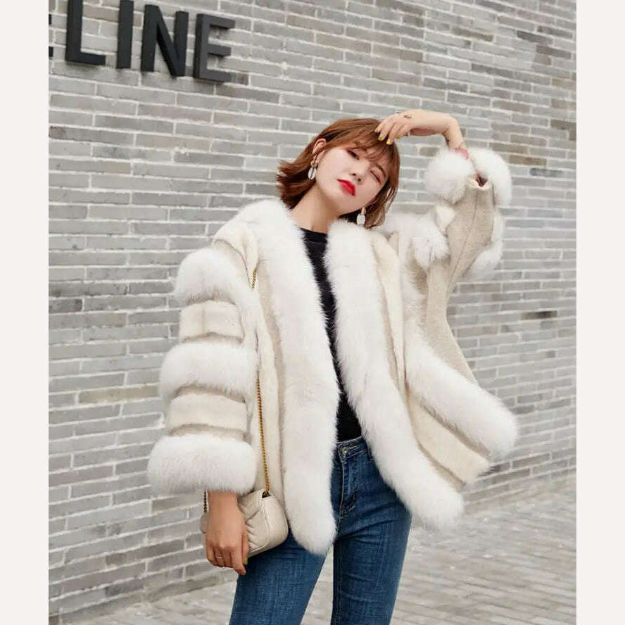 KIMLUD, 2022 Winter Fur Coat Real Natural Fox Mink Fur Plice Striped Jacket Women Thick Warm Outerwear Streetwear Loose Luxury, KIMLUD Womens Clothes