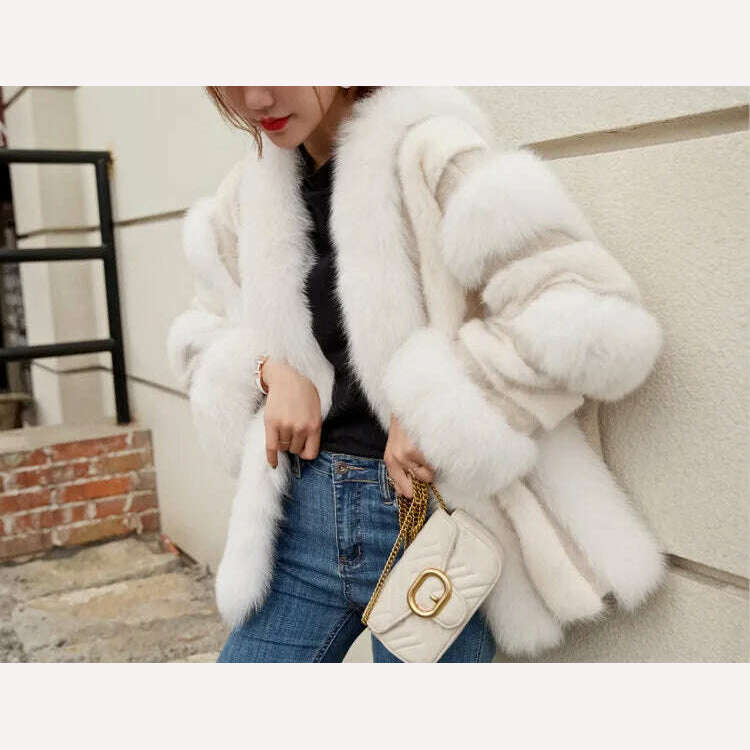 KIMLUD, 2022 Winter Fur Coat Real Natural Fox Mink Fur Plice Striped Jacket Women Thick Warm Outerwear Streetwear Loose Luxury, KIMLUD Womens Clothes