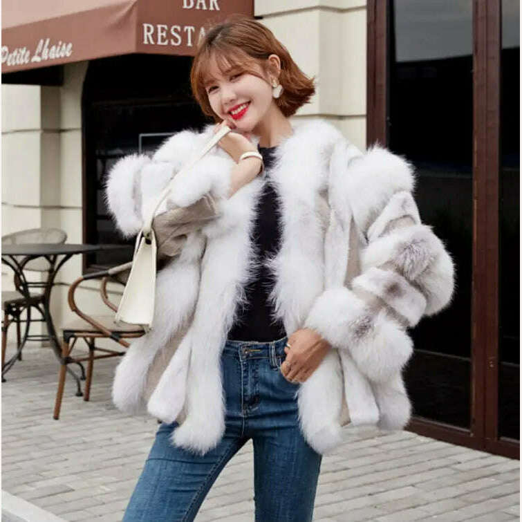 KIMLUD, 2022 Winter Fur Coat Real Natural Fox Mink Fur Plice Striped Jacket Women Thick Warm Outerwear Streetwear Loose Luxury, KIMLUD Womens Clothes