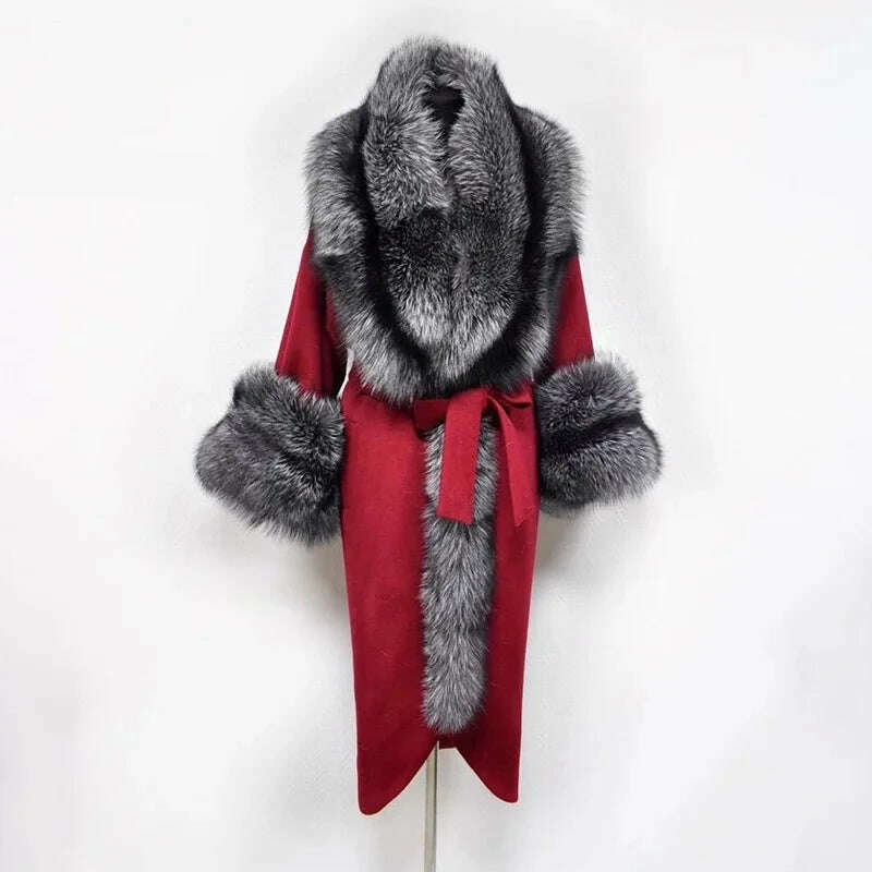 KIMLUD, 2022 Winter Women's Cashmere Woolen Coat With Belt Luxury Silver Fox Fur Collar And Cuffs 100cm Long For Girls Fashion Warm Coat, NZ-083red wine / S Bust 88cm, KIMLUD Womens Clothes