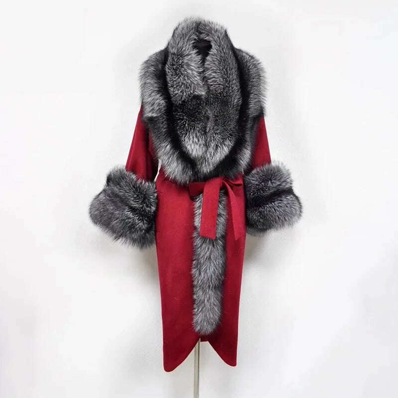 KIMLUD, 2022 Winter Women's Cashmere Woolen Coat With Belt Luxury Silver Fox Fur Collar And Cuffs 100cm Long For Girls Fashion Warm Coat, KIMLUD Womens Clothes