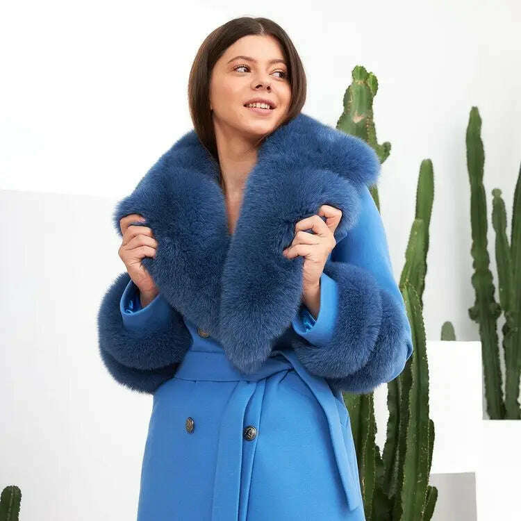 KIMLUD, 2022 Winter Women's Cashmere Woolen Coat With Belt Luxury Silver Fox Fur Collar And Cuffs 100cm Long For Girls Fashion Warm Coat, blue fox fur bule / S Bust 88cm, KIMLUD Womens Clothes