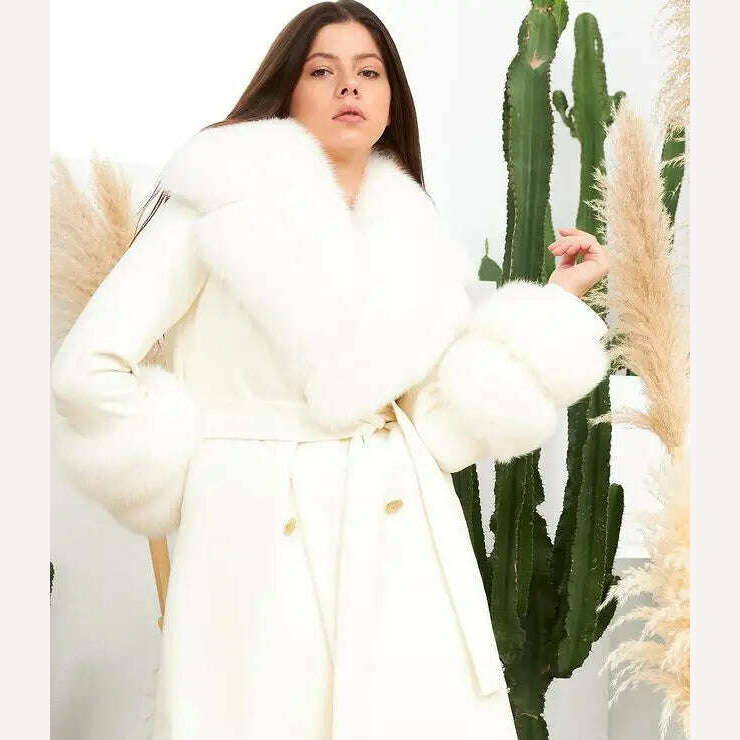 KIMLUD, 2022 Winter Women's Cashmere Woolen Coat With Belt Luxury Silver Fox Fur Collar And Cuffs 100cm Long For Girls Fashion Warm Coat, blue fox fur white / S Bust 88cm, KIMLUD Womens Clothes