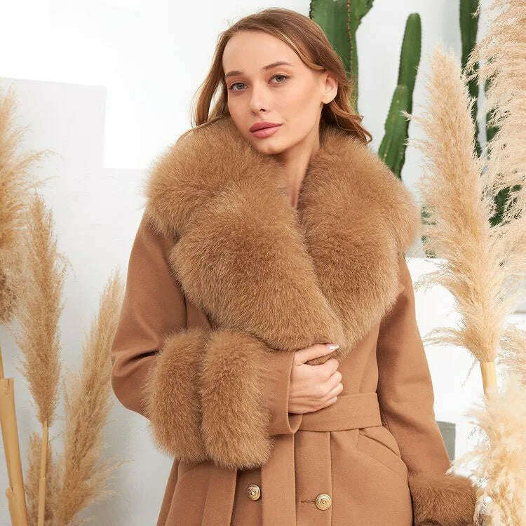 KIMLUD, 2022 Winter Women's Cashmere Woolen Coat With Belt Luxury Silver Fox Fur Collar And Cuffs 100cm Long For Girls Fashion Warm Coat, blue fox fur brown / S Bust 88cm, KIMLUD Womens Clothes