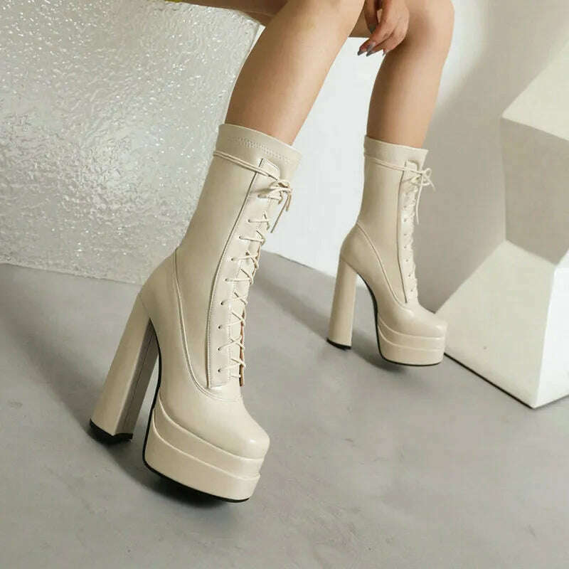 KIMLUD, 2022 Women Ankle Boots PU Leather Platform Thick High Heel Ladies Short Boots Cross Tied Square Toe Dress Female Boots Big Size, KIMLUD Womens ClothesKIMLUD, 2022 Women Ankle Boots PU Leather Platform Thick High Heel Ladies Short Boots Cross Tied Square Toe Dress Female Boots Big Size, Beige / 5, KIMLUD APPAREL - Womens Clothes