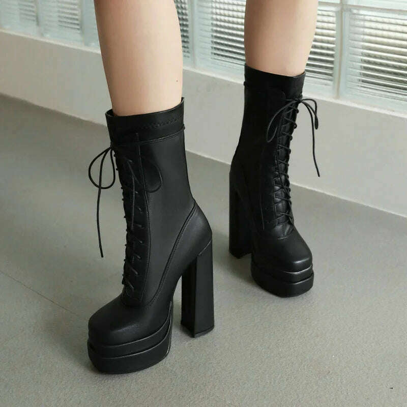 KIMLUD, 2022 Women Ankle Boots PU Leather Platform Thick High Heel Ladies Short Boots Cross Tied Square Toe Dress Female Boots Big Size, KIMLUD Womens ClothesKIMLUD, 2022 Women Ankle Boots PU Leather Platform Thick High Heel Ladies Short Boots Cross Tied Square Toe Dress Female Boots Big Size, Black / 5, KIMLUD APPAREL - Womens Clothes