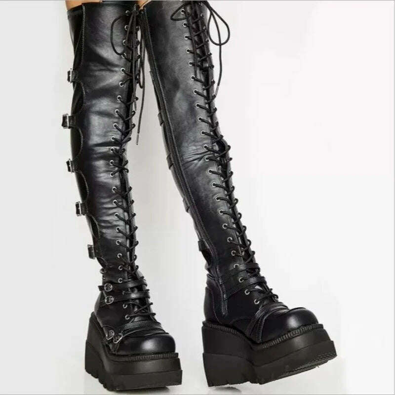 KIMLUD, 2022 Women Boots Design Female Platform Thigh High Boots Fashion Buckle Punk High Heels Boots Women Cosplay Wedges Shoes Woman, KIMLUD Womens Clothes