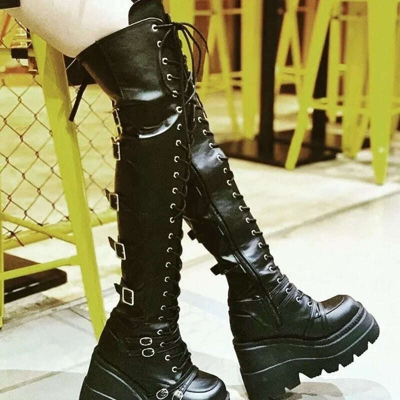 KIMLUD, 2022 Women Boots Design Female Platform Thigh High Boots Fashion Buckle Punk High Heels Boots Women Cosplay Wedges Shoes Woman, KIMLUD Womens Clothes