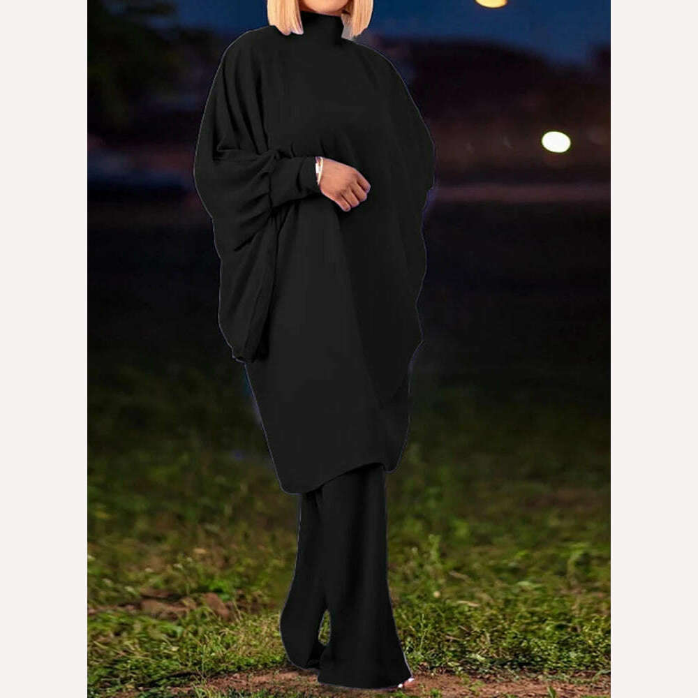 KIMLUD, 2022 Women Loose Fit 2PCS Muslim Style Loungewear Matching Set Solid Batwing Sleeve Long Cardigan Top Flare Pants Ladies Outfit, KIMLUD Womens Clothes
