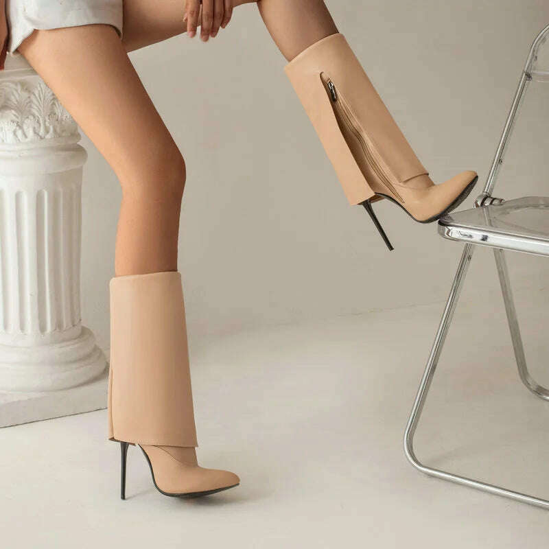 KIMLUD, 2022 Women Mid Calf Boots Pointed Toe Thin High Heel Ladies Short Boots PU Leather Side Zipper Sexy Women's Boots Plus Size 43, KIMLUD Womens ClothesKIMLUD, 2022 Women Mid Calf Boots Pointed Toe Thin High Heel Ladies Short Boots PU Leather Side Zipper Sexy Women's Boots Plus Size 43, apricot / 5, KIMLUD APPAREL - Womens Clothes