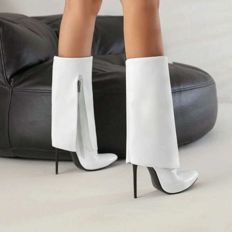KIMLUD, 2022 Women Mid Calf Boots Pointed Toe Thin High Heel Ladies Short Boots PU Leather Side Zipper Sexy Women's Boots Plus Size 43, KIMLUD Womens ClothesKIMLUD, 2022 Women Mid Calf Boots Pointed Toe Thin High Heel Ladies Short Boots PU Leather Side Zipper Sexy Women's Boots Plus Size 43, White / 5, KIMLUD APPAREL - Womens Clothes