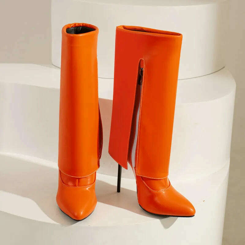 KIMLUD, 2022 Women Mid Calf Boots Pointed Toe Thin High Heel Ladies Short Boots PU Leather Side Zipper Sexy Women's Boots Plus Size 43, KIMLUD Womens Clothes