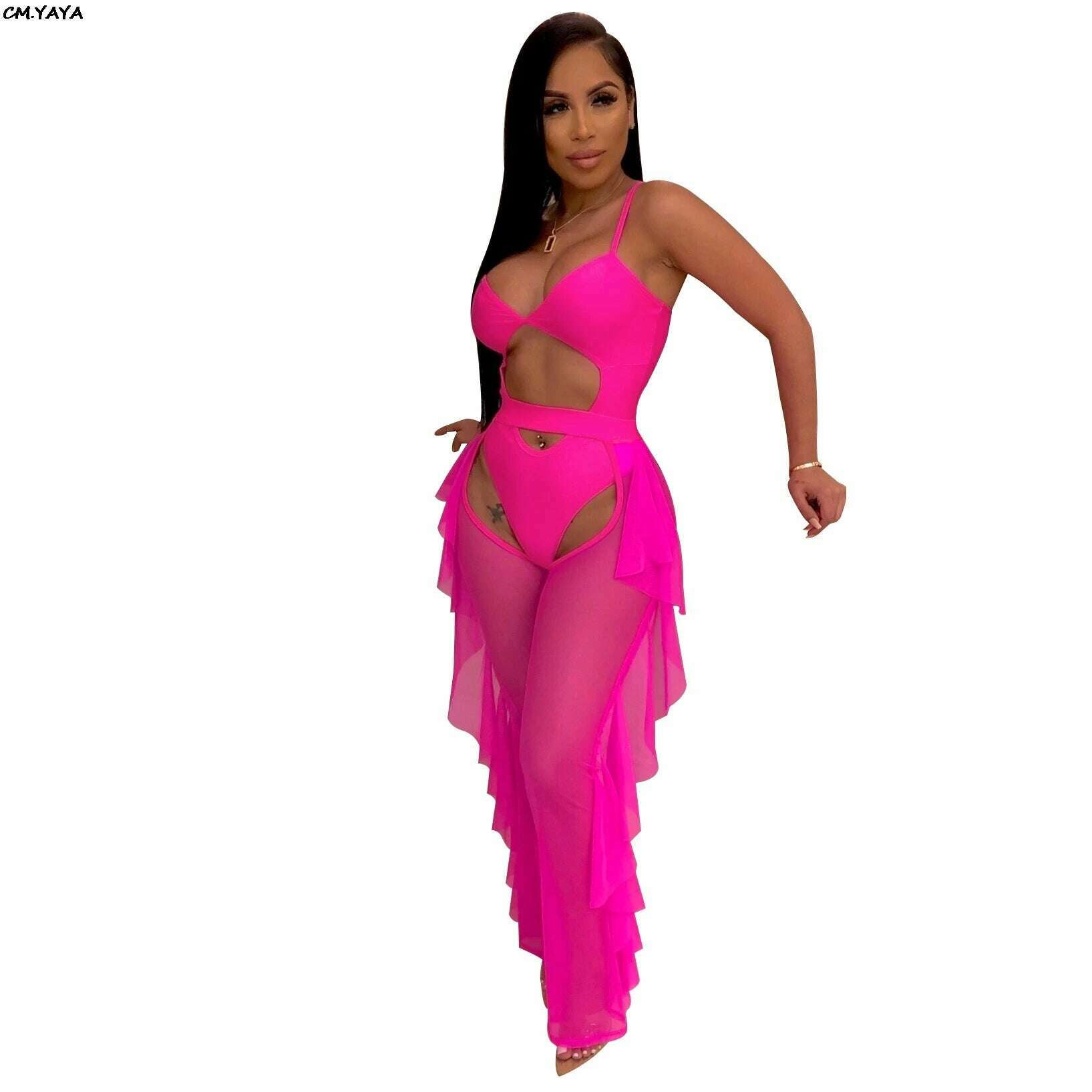 KIMLUD, 2022 Women Sexy Cut Out Bodysuit & Open Crotch Mesh Pants Suit Two Piece Set Beach Club Party Night Tracksuit 6color Outfit, Fuchsia / M, KIMLUD Womens Clothes