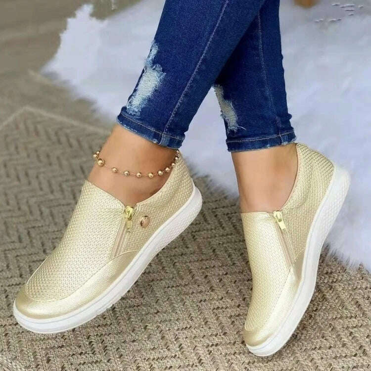 KIMLUD, 2022 Women Summer Breathable Mesh Shoes Double Zipper Slip On Flats Casual White Sneakers Lazy Shoes Walking Footwear Moccasins, gold / 35, KIMLUD Womens Clothes