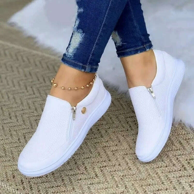 KIMLUD, 2022 Women Summer Breathable Mesh Shoes Double Zipper Slip On Flats Casual White Sneakers Lazy Shoes Walking Footwear Moccasins, white / 35, KIMLUD Womens Clothes