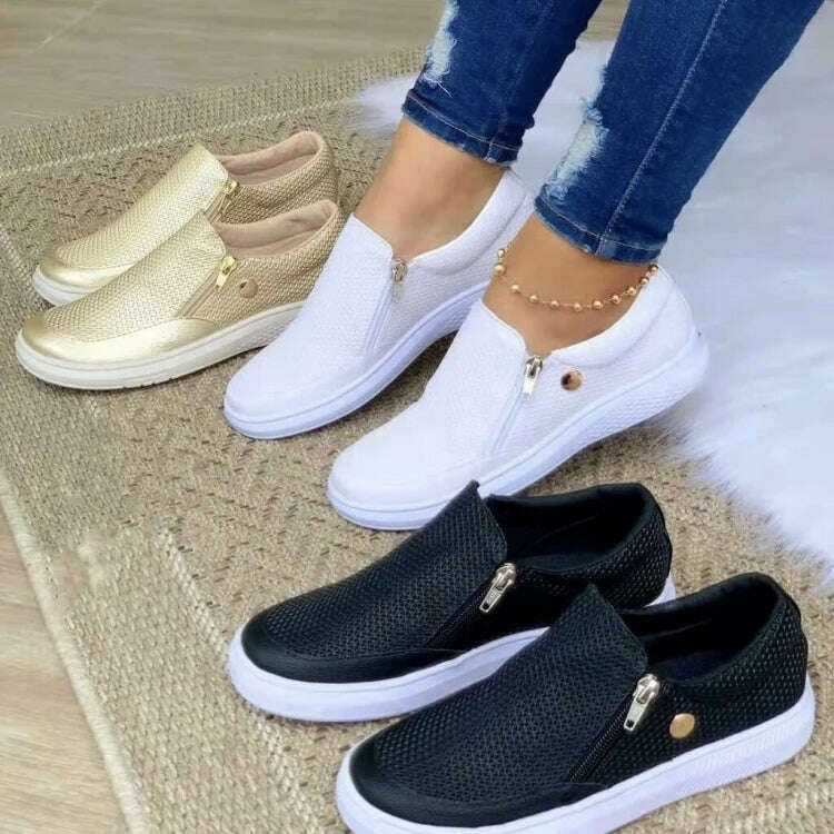 KIMLUD, 2022 Women Summer Breathable Mesh Shoes Double Zipper Slip On Flats Casual White Sneakers Lazy Shoes Walking Footwear Moccasins, KIMLUD Womens Clothes