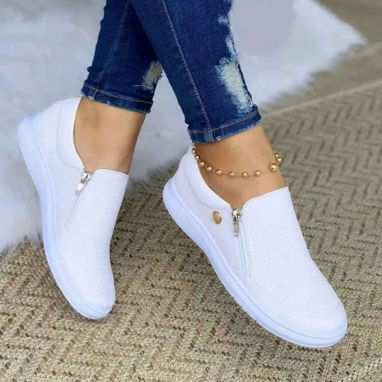 KIMLUD, 2022 Women Summer Breathable Mesh Shoes Double Zipper Slip On Flats Casual White Sneakers Lazy Shoes Walking Footwear Moccasins, KIMLUD Womens Clothes