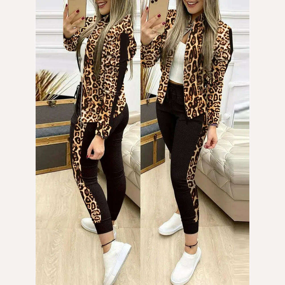 KIMLUD, 2022 Women Two Piece Set Outfits Autumn Women's Tracksuit Zipper Top And Pants Casual Sport Suit Winter 2 Piece Woman Set, Leopard / S, KIMLUD Womens Clothes