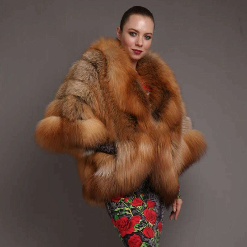 KIMLUD, 2022 Women's Real Red Fox Fur Coat Winter Luxury WholeSkin Thick Fox Fur Jackets Bat Sleeved Poncho Female Natural Fur Coats, KIMLUD Womens Clothes