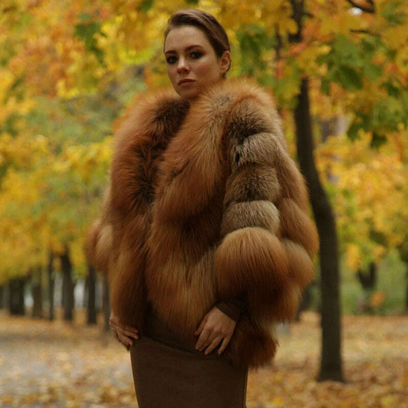 KIMLUD, 2022 Women's Real Red Fox Fur Coat Winter Luxury WholeSkin Thick Fox Fur Jackets Bat Sleeved Poncho Female Natural Fur Coats, KIMLUD Womens Clothes