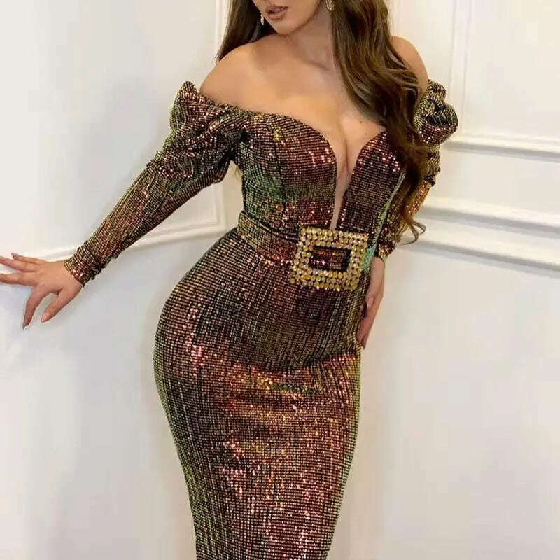 KIMLUD, 2022New Sexy High-End Off Shoulder Long Sleeve Classic Evening Dress with Deep V Neck and Square Buckle Belt Women Evening Dress, KIMLUD Womens Clothes