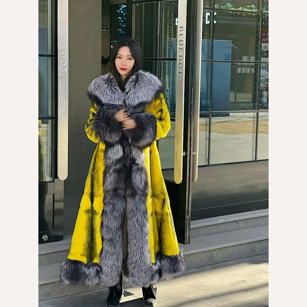 KIMLUD, 2022Women Real Rex Rabbit Fur Coats With Fox Lapel Collar Natural Whole Skin Genuine Rex Rabbit Fur Long Jackets Overcoat Luxury, Yellow / One Size, KIMLUD Womens Clothes