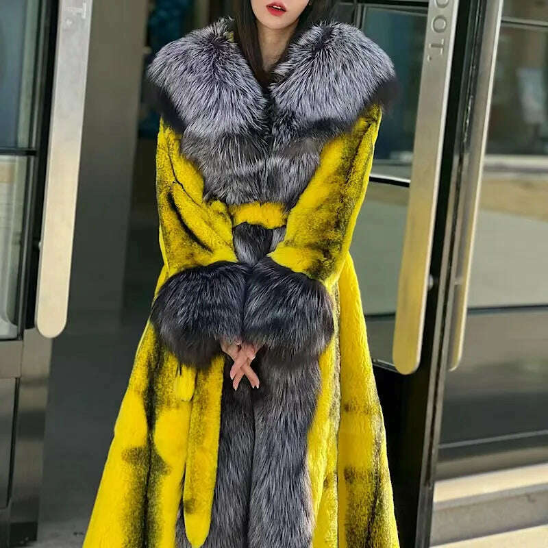 KIMLUD, 2022Women Real Rex Rabbit Fur Coats With Fox Lapel Collar Natural Whole Skin Genuine Rex Rabbit Fur Long Jackets Overcoat Luxury, KIMLUD Womens Clothes
