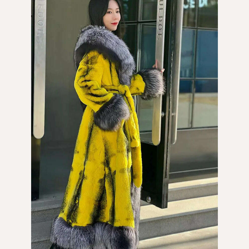 KIMLUD, 2022Women Real Rex Rabbit Fur Coats With Fox Lapel Collar Natural Whole Skin Genuine Rex Rabbit Fur Long Jackets Overcoat Luxury, KIMLUD Womens Clothes