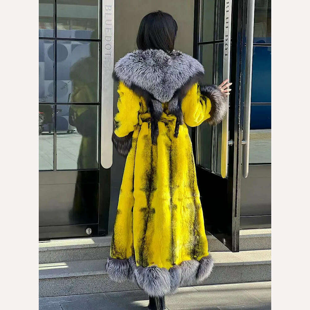 KIMLUD, 2022Women Real Rex Rabbit Fur Coats With Fox Lapel Collar Natural Whole Skin Genuine Rex Rabbit Fur Long Jackets Overcoat Luxury, KIMLUD Womens Clothes