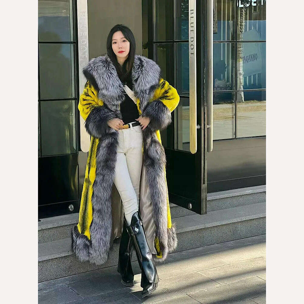 KIMLUD, 2022Women Real Rex Rabbit Fur Coats With Fox Lapel Collar Natural Whole Skin Genuine Rex Rabbit Fur Long Jackets Overcoat Luxury, KIMLUD Womens Clothes