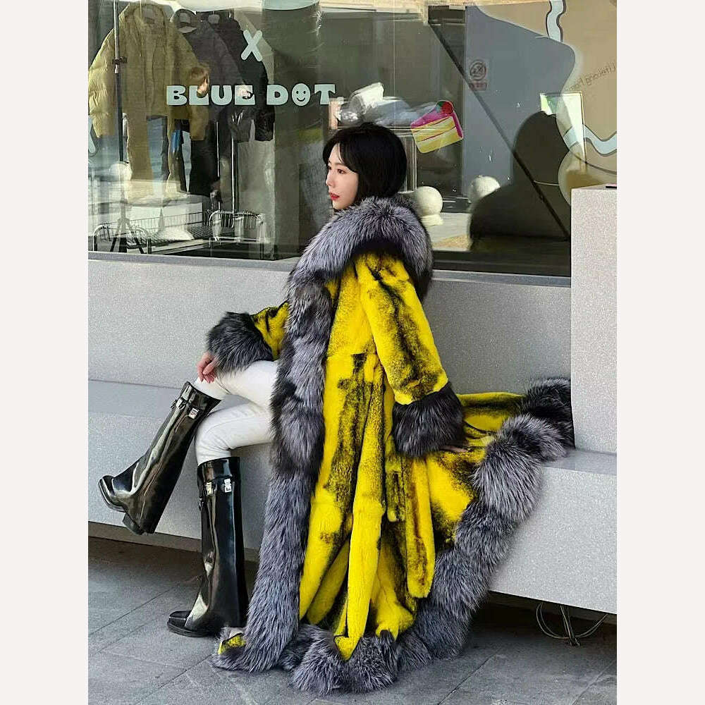 KIMLUD, 2022Women Real Rex Rabbit Fur Coats With Fox Lapel Collar Natural Whole Skin Genuine Rex Rabbit Fur Long Jackets Overcoat Luxury, KIMLUD Womens Clothes