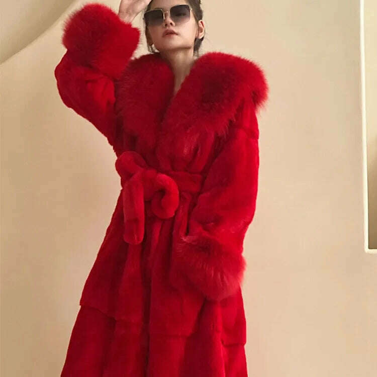 KIMLUD, 2023 Autumn and Winter Big Fur Collar Fashion Fur Coat Women's Mid-Length Thickened European and American Loose Temperament Coat, Bright red / S, KIMLUD Womens Clothes