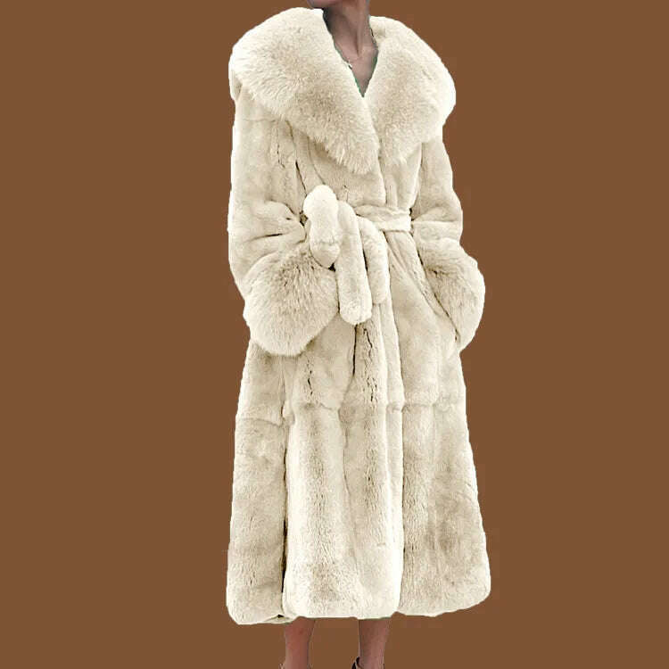 KIMLUD, 2023 Autumn and Winter Big Fur Collar Fashion Fur Coat Women's Mid-Length Thickened European and American Loose Temperament Coat, Beige apricot / S, KIMLUD Womens Clothes