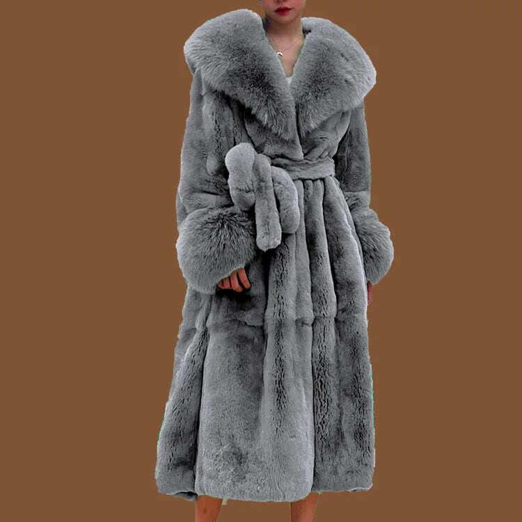 KIMLUD, 2023 Autumn and Winter Big Fur Collar Fashion Fur Coat Women's Mid-Length Thickened European and American Loose Temperament Coat, KIMLUD Womens Clothes