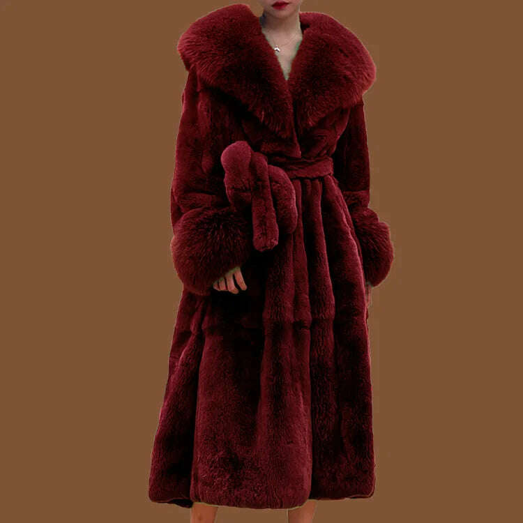 KIMLUD, 2023 Autumn and Winter Big Fur Collar Fashion Fur Coat Women's Mid-Length Thickened European and American Loose Temperament Coat, Burgundy / S, KIMLUD Womens Clothes