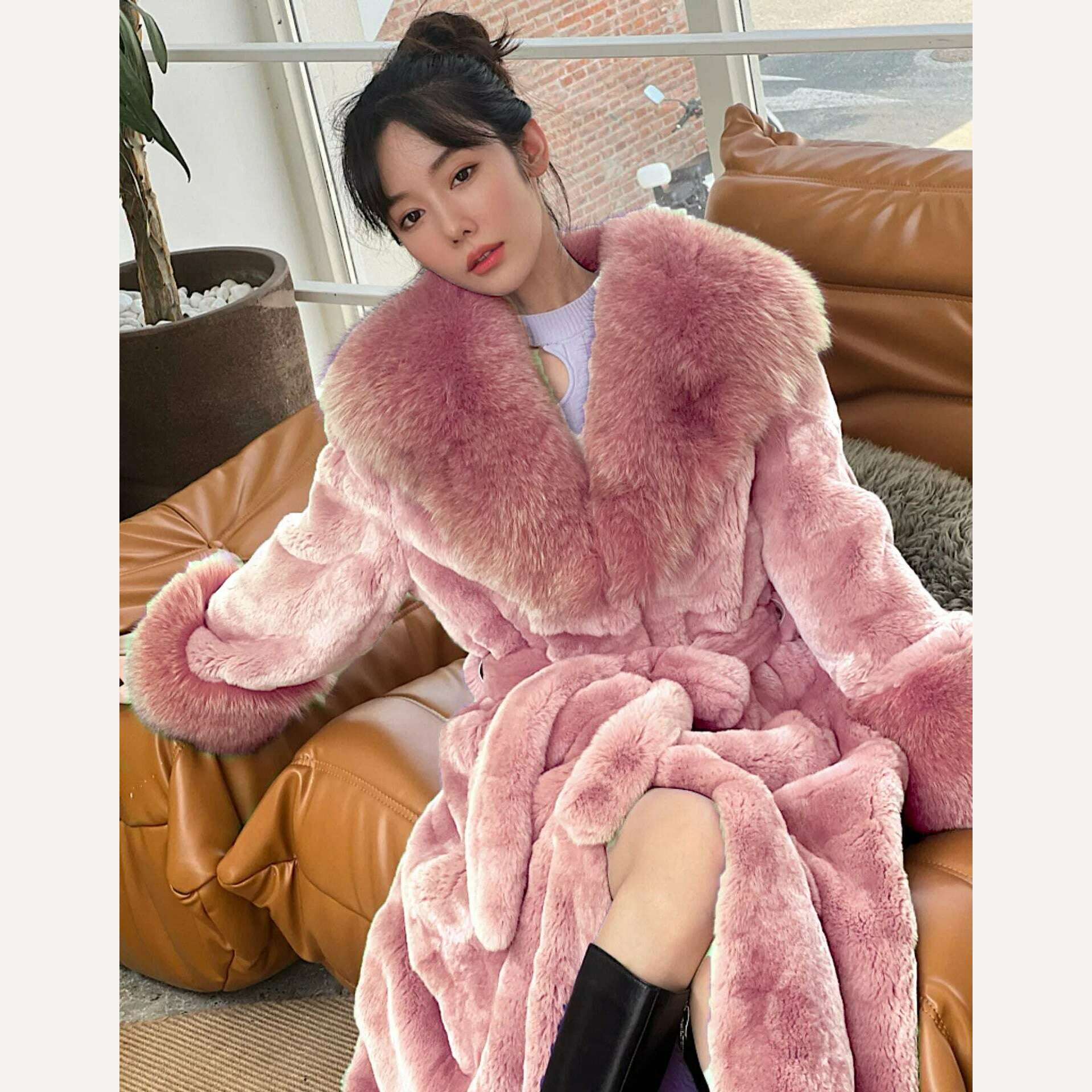 KIMLUD, 2023 Autumn and Winter Big Fur Collar Fashion Fur Coat Women's Mid-Length Thickened European and American Loose Temperament Coat, KIMLUD Womens Clothes