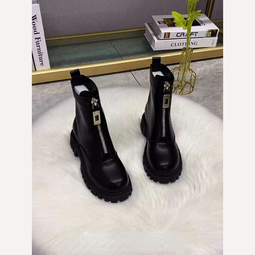 KIMLUD, 2023 Autumn and Winter Women's Boots British Style Ankle Boots Thick Bottom Martin Boots with Round Toe Solid Color Zipper Q471, KIMLUD Womens Clothes