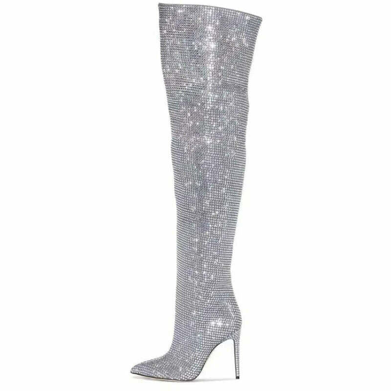 KIMLUD, 2023 Autumn New Fashion Bling Silver Crystal Over The Knee Boots for Women Sexy Luxury Designer Rhinestone Banquet Shoes 42 43, KIMLUD Womens Clothes