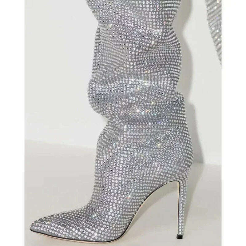 KIMLUD, 2023 Autumn New Fashion Bling Silver Crystal Over The Knee Boots for Women Sexy Luxury Designer Rhinestone Banquet Shoes 42 43, KIMLUD Womens Clothes